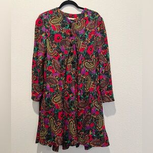 VTG 80s Stanley Platos Swing Dress Colorful Paisley Floral Print Wool Challis 14